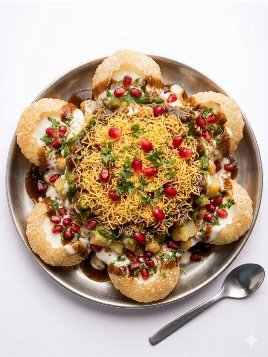 Dahi Puri tortitas indias rellenas de yogur y patata en Desi Galli Barcelona