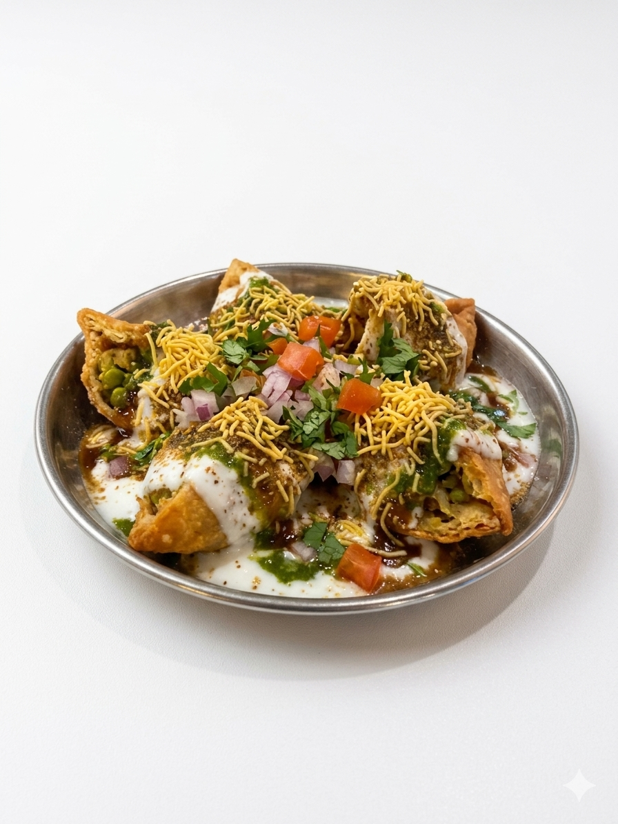 Samosa Chaat con yogur y chutney en Desi Galli Barcelona