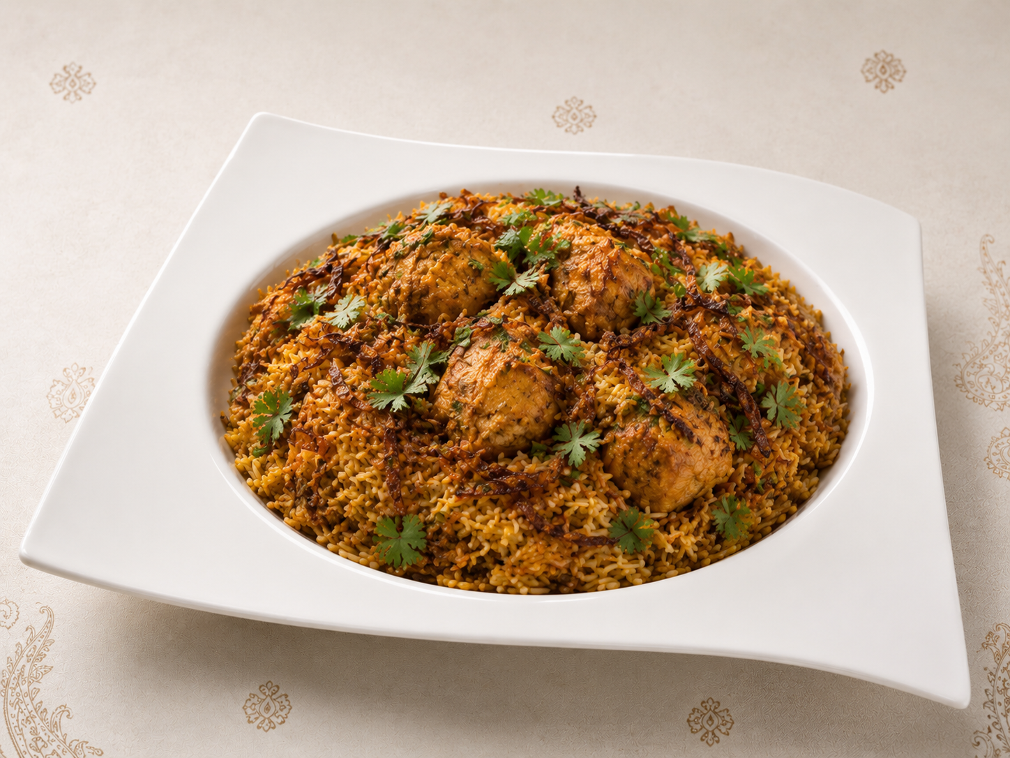 Biryani de pollo arroz basmati con especias persas estilo dum en Desi Galli Barcelona
