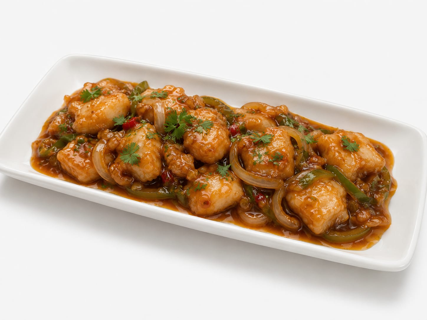Fish Prawns Manchurian pescado en salsa agridulce indochina en Desi Galli Barcelona