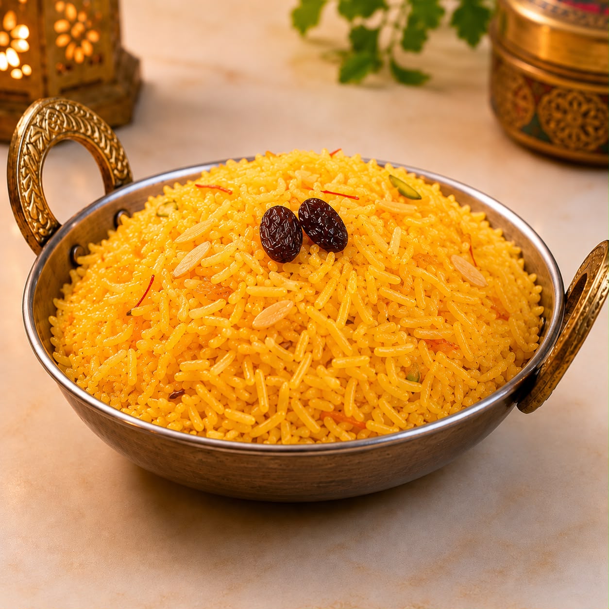 Kashmiri Pulao arroz tradicional de Cachemira con azafrán y frutas en Desi Galli Barcelona