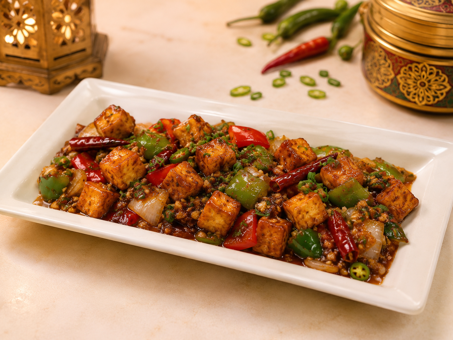 Paneer Manchurian queso fresco en salsa agridulce indochina en Desi Galli Barcelona
